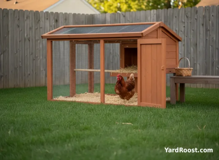 A hen standing stiffly in a nest box, feathers fluffed, guarding the nest in a backyard coop with hardware cloth run.