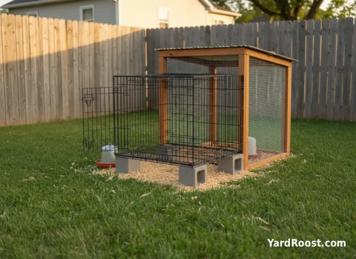 A wire dog crate elevated on blocks in a covered run, set up as a broody breaker with food and water nearby.