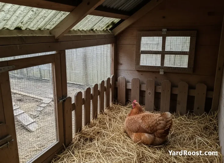 A private broody nest area inside a coop with clean straw