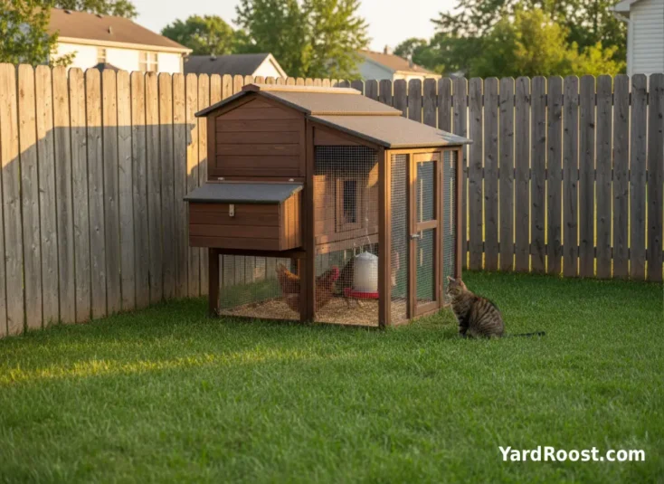 A secure hardware-cloth chicken run with an outdoor cat outside the fence watching hens inside.