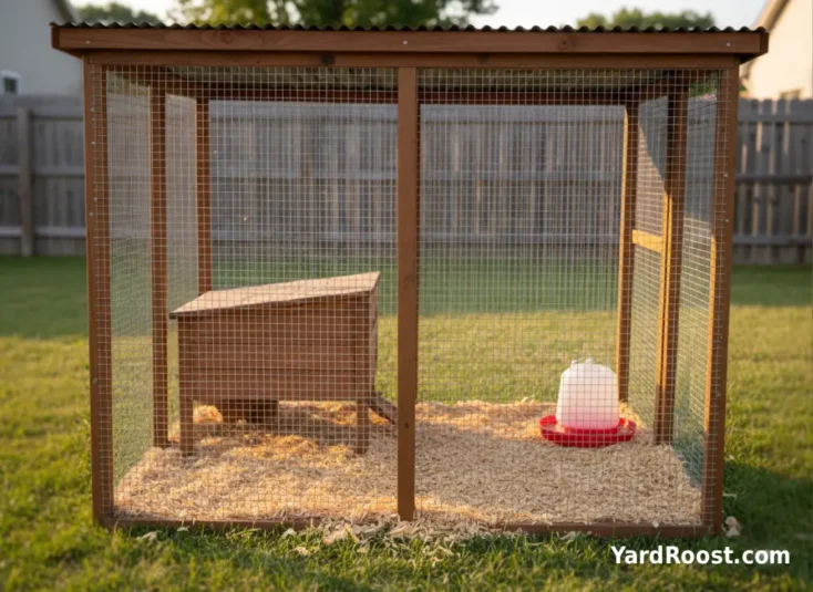 A chick-safe pen with fine hardware cloth inside a covered run beside a backyard coop.