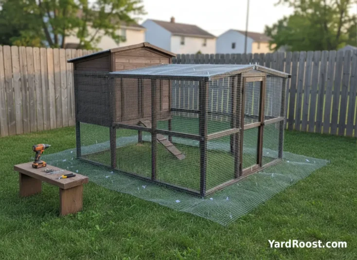 A covered chicken run with tight hardware cloth and a wire apron secured around the perimeter.