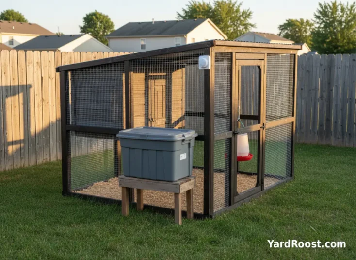 A motion-activated light by a chicken run gate and a sealed feed bin stored neatly inside.