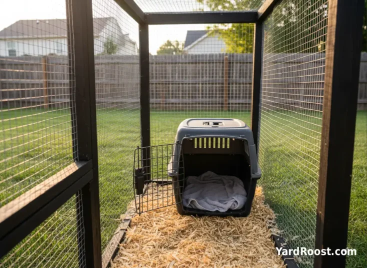 A towel-lined pet carrier inside a covered run, ready to transport an injured chicken safely.