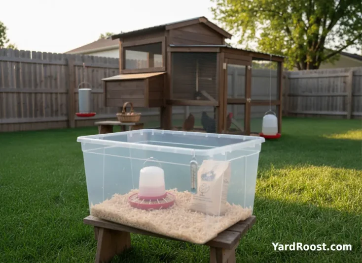 Bag of chick starter crumble beside a small chick feeder in a clean brooder setup.