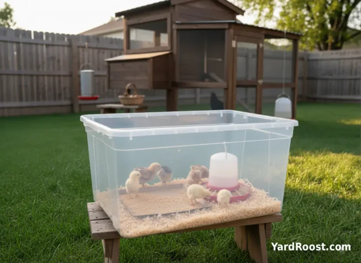 Day-old chicks pecking at chick starter crumble on a shallow tray with a chick waterer nearby.
