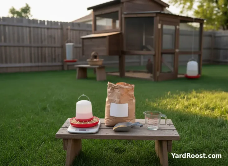 Close-up of crumble feed and a chick feeder