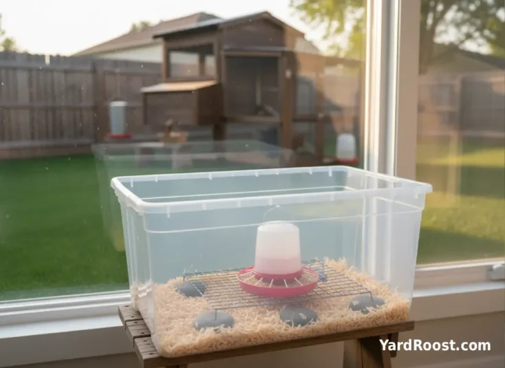 Chick feeder and waterer elevated on a rack inside a brooder with pine shavings.