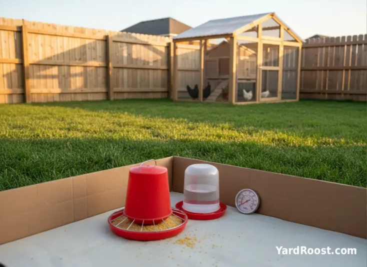 Chick feeder with an anti-scratch grate next to a clean chick waterer and thermometer.