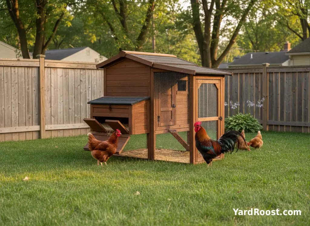 Adult hen near nest boxes and adult rooster near the run gate outside a backyard coop.