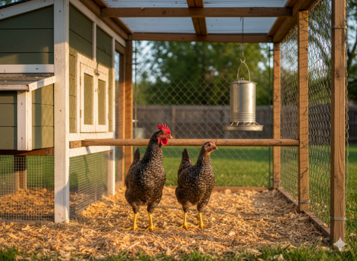 Young cockerel with a larger comb next to a pullet with a smaller comb inside a run.