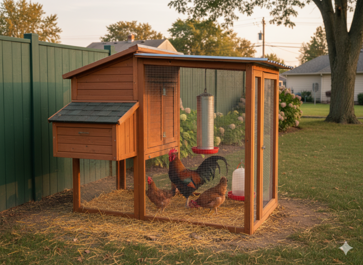 Rooster standing alert beside two hens inside a covered backyard run.
