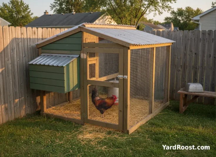Rooster inside a covered run with a securely latched gate next to a backyard coop.
