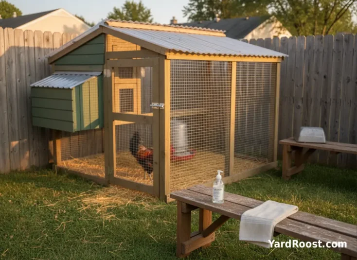 Simple handwashing setup on a bench near a backyard chicken coop entrance.