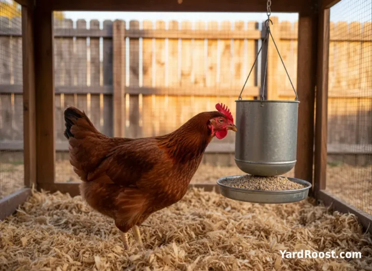 Close-up of a hen near a feeder 