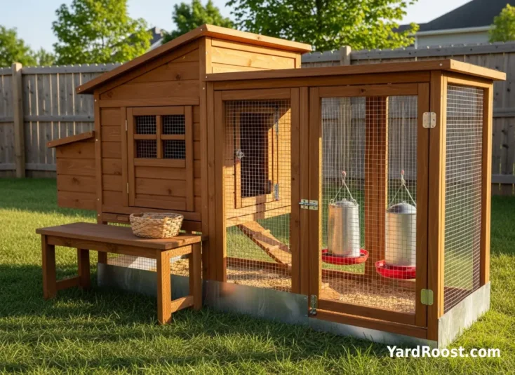 Backyard chicken coop and covered run with hardware cloth and sturdy latches at golden hour.