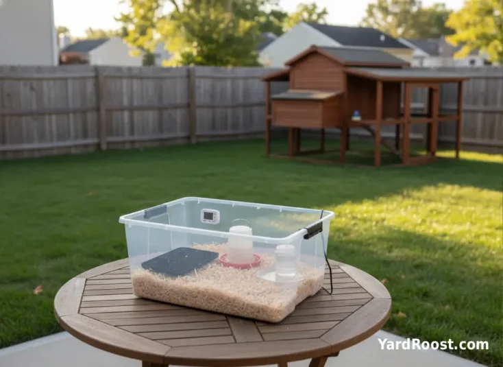 Brooder tote with heat plate, feeder, and pine shavings with a coop in the background.