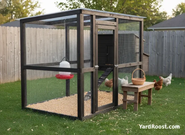 Hanging feeder and waterer in a covered chicken run with an egg basket nearby.