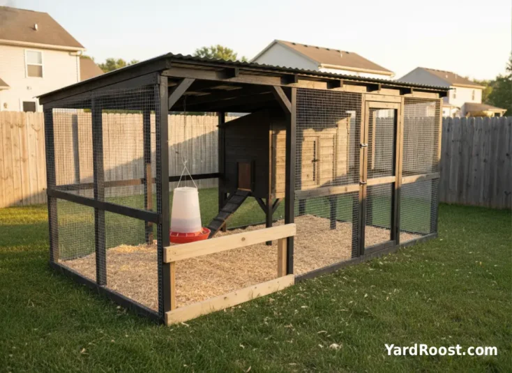 Covered run set up for meat chickens with a larger feeder and fresh bedding.