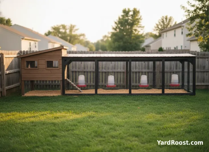 Long covered chicken run with multiple feeders and waterers for a larger flock.