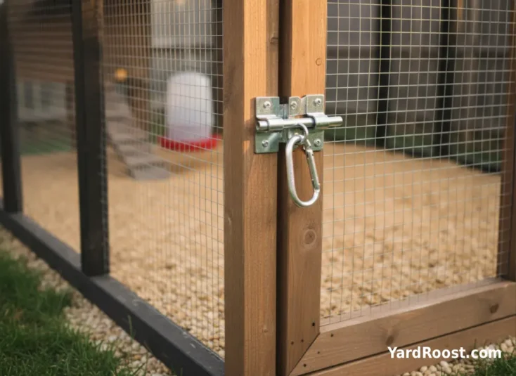 Heavy-duty chicken run door latch secured with a carabiner and hardware cloth mesh.