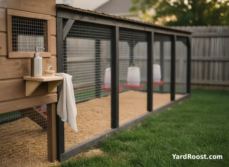 Simple handwashing station set up near a backyard chicken coop gate.