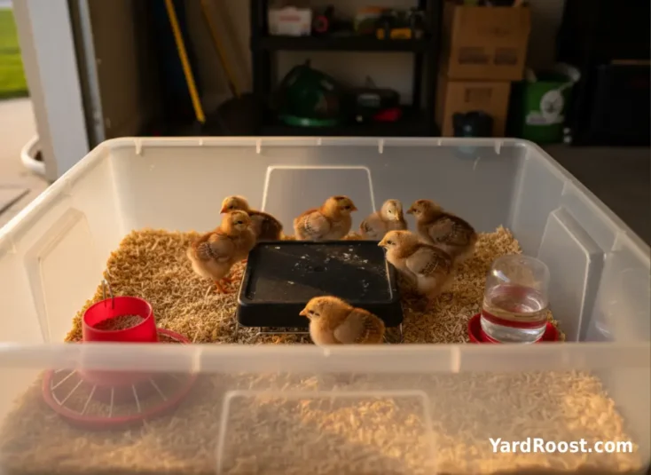 A small group of fluffy brown day-old chicks under a brooder plate in a garage brooder setup.