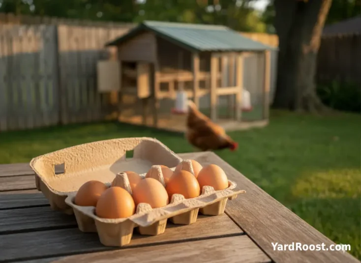 A clutch of clean, light-to-medium brown eggs in a carton with an ISA Brown hen in the background.