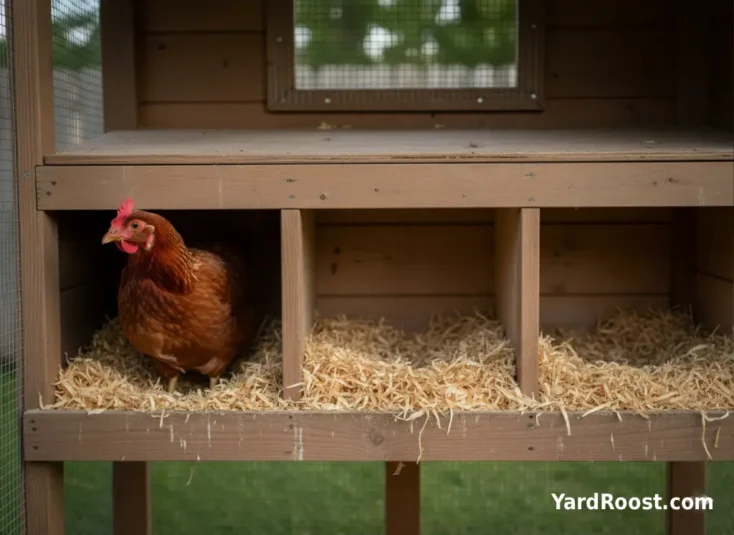 An ISA Brown hen near a nesting box in a clean coop with a calm, dim nesting area light.