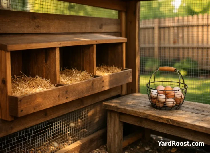 A row of straw-lined wooden nesting boxes inside a backyard chicken coop.