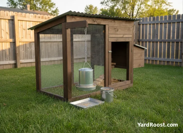 Rat-resistant treadle feeder hanging in a covered run with spilled feed cleaned up and hardware cloth visible on the run walls.