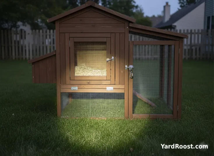 Closed coop pop-door at dusk with sturdy latch and a flashlight beam checking the perimeter along the coop base.