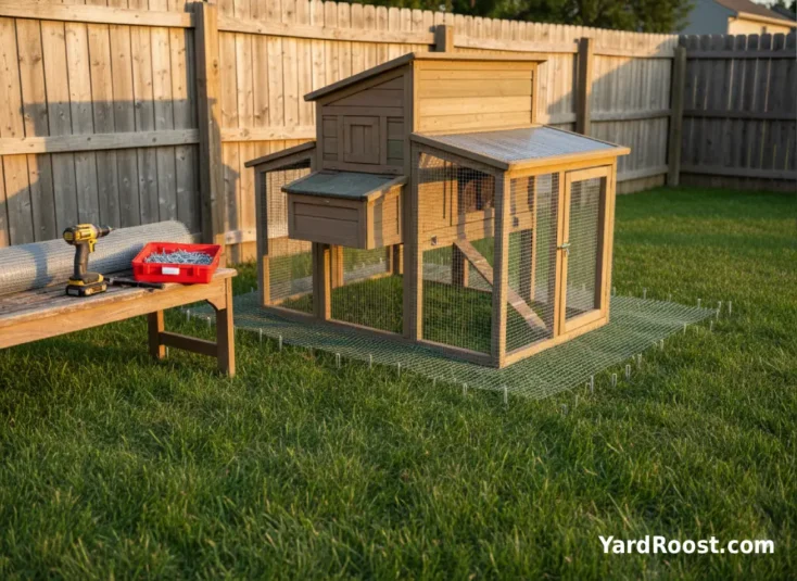 Hardware cloth skirt laid flat around a coop base with landscaping staples and a cordless drill on a small bench nearby.