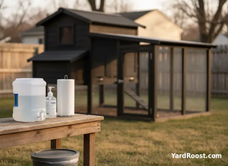 Handwashing station setup near a coop area with a small pump soap bottle, paper towels, and a covered trash can on a bench.