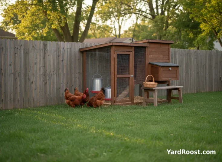 Rhode Island Red hens standing beside a backyard coop and covered run at sunset.
