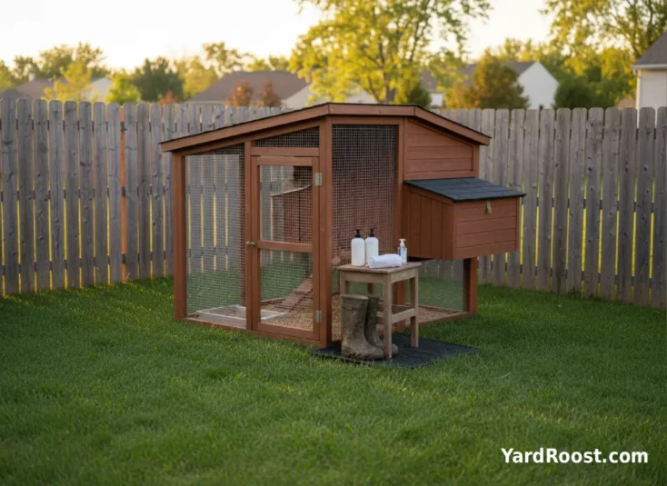 Outdoor handwashing and sanitizer station set up beside a backyard chicken coop entrance.