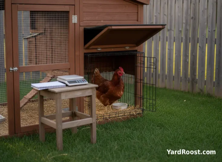 Rhode Island Red hen resting in a small isolation crate with fresh bedding and water.