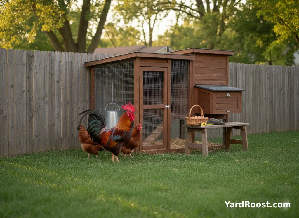 Rhode Island Red rooster and hen standing together near a backyard run gate.