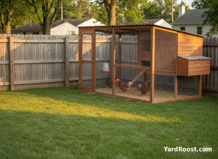 Rhode Island Red hens foraging calmly in a covered backyard chicken run.