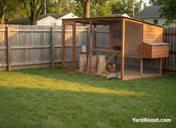 Hanging feeder in a backyard run with chick starter and layer feed bags beside it.