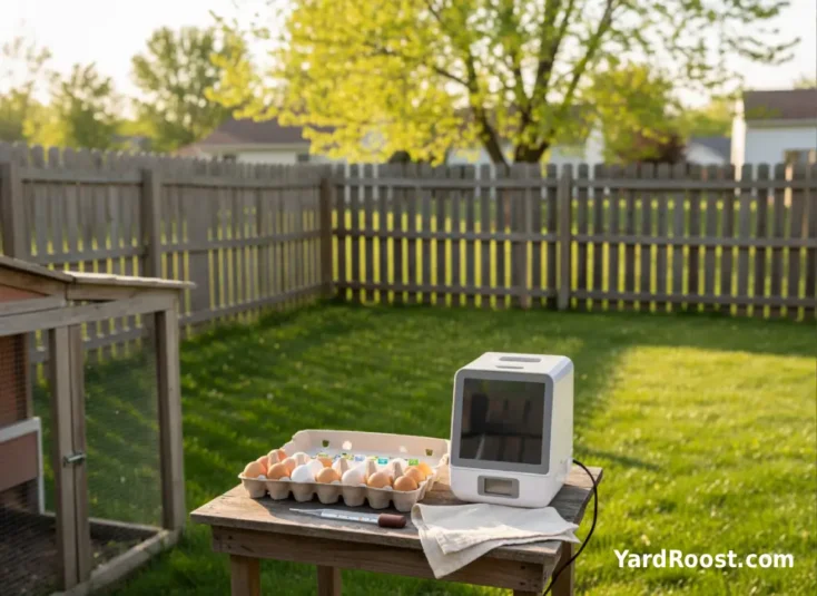 Clean hatching eggs in a carton beside a small incubator on a wooden table.