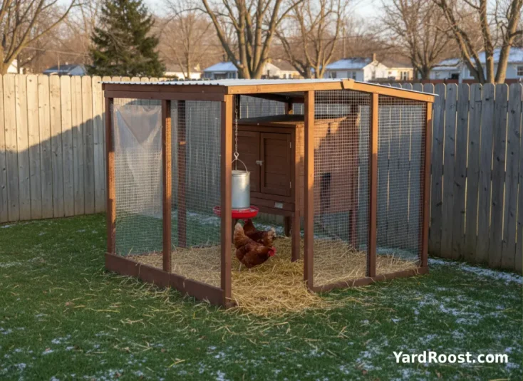 Rhode Island Red hens foraging in a covered run with winter windbreak panels.
