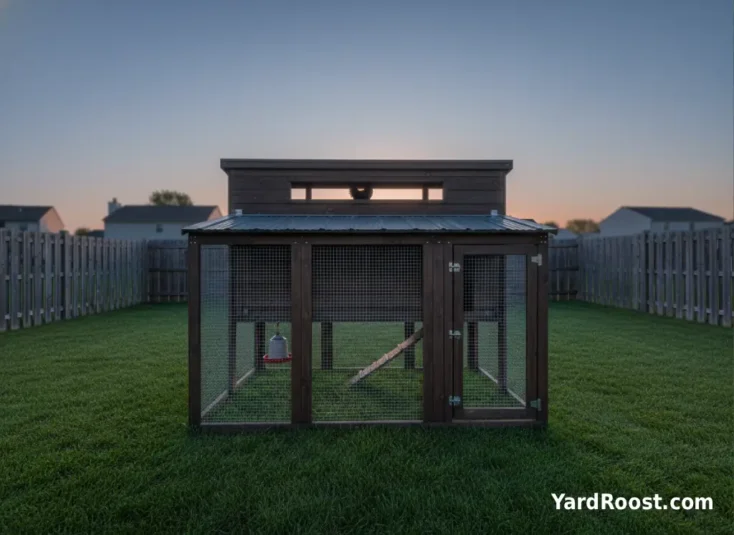 A closed backyard chicken coop at dawn with a faint horizon glow and a rooster silhouette perched inside.