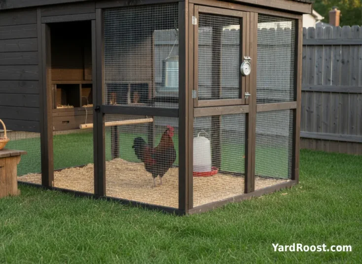 A young cockerel standing on a low roost bar in the run near a feeder in warm afternoon light.