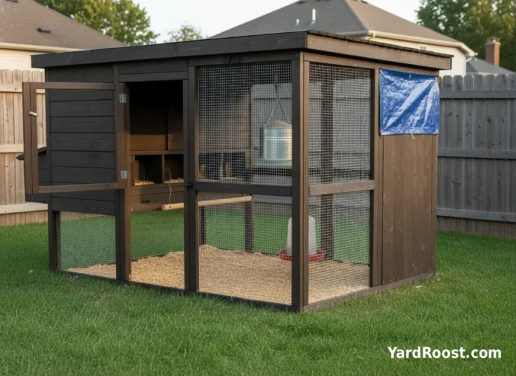 A backyard coop-and-run layout with a shaded corner and windbreak panel to reduce stimulation and noise.