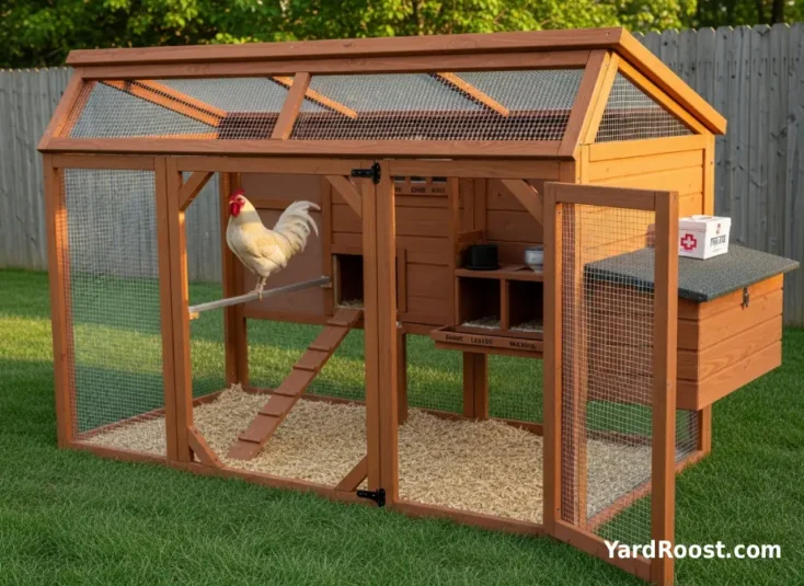 A rooster perched comfortably inside a well-ventilated coop with clean bedding and nest boxes.