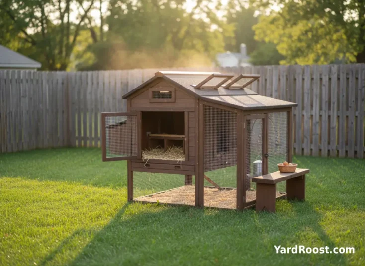 Open upper vents under a coop roofline with hardware cloth, showing warm air escaping in a small backyard coop.
