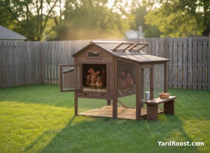 A roost bar positioned below closed lower wall gaps while upper vents remain open near the roofline in a backyard coop.