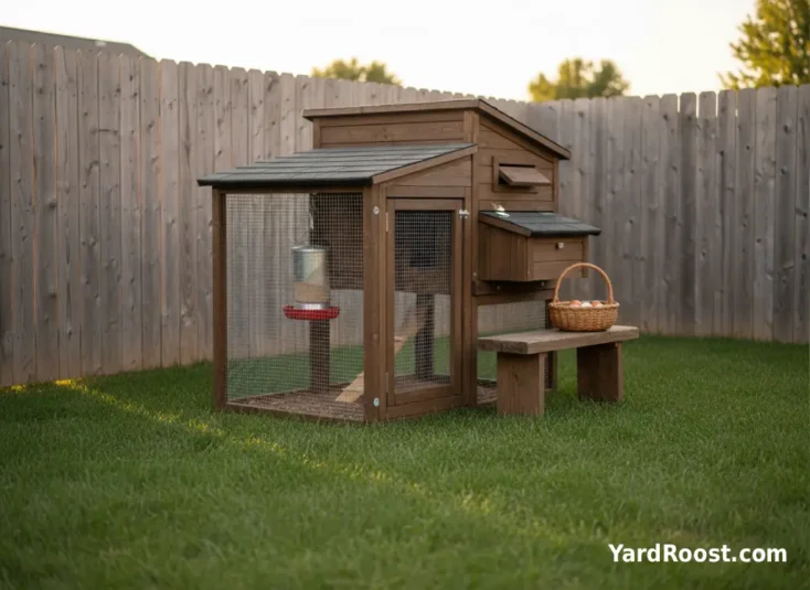 A small coop with multiple adjustable upper vents under the eaves, each protected by hardware cloth, in a suburban backyard.