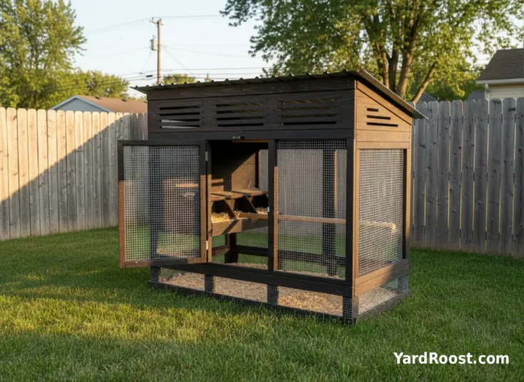 A backyard coop showing the airflow path: fresh air entering lower, moving upward, and exiting through high roofline vents.
